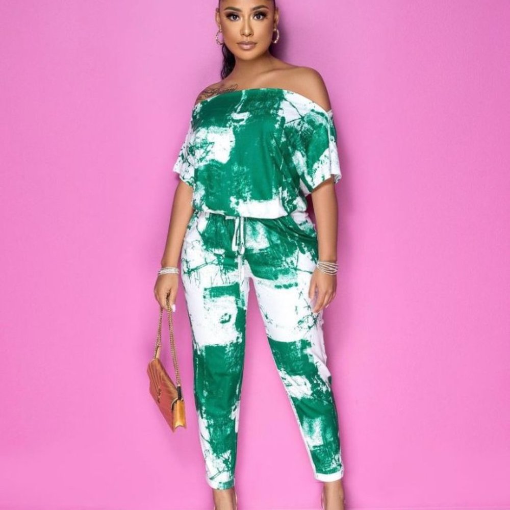 Off Shoulder Tie Dye Knit Jumpsuit